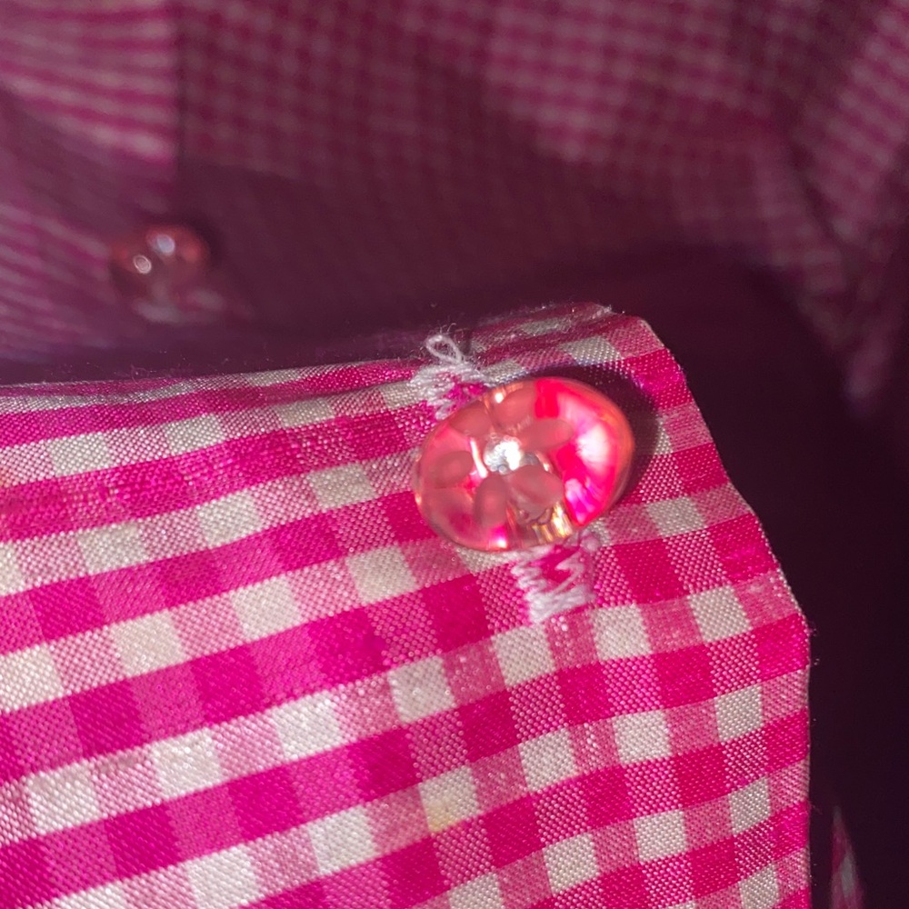 Pink Gingham Shirt 100% Silk with Jelly Bean Laser Etched Flower buttons - Picture 4 of 6